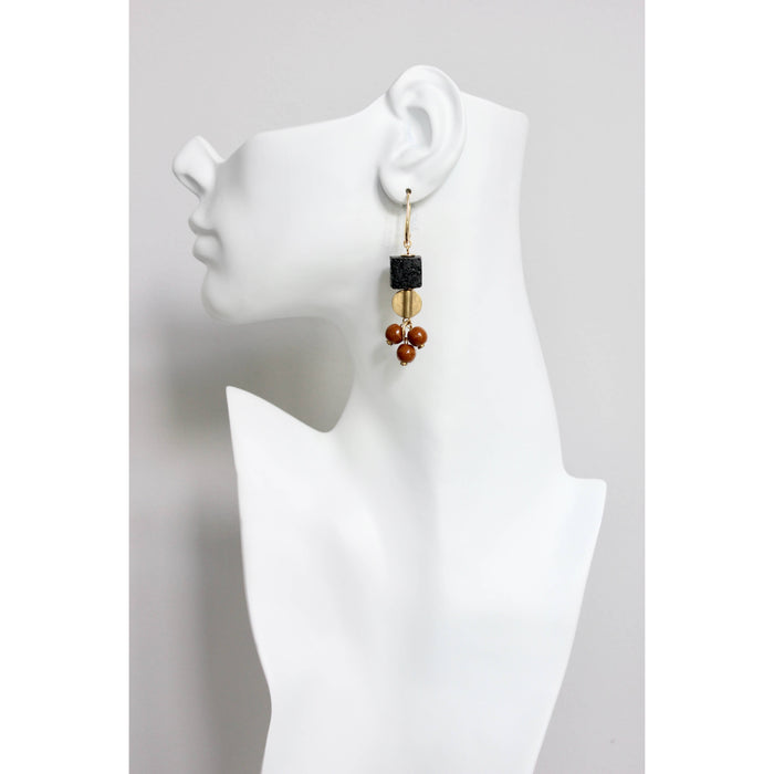 Lava rock and glass brass earrings