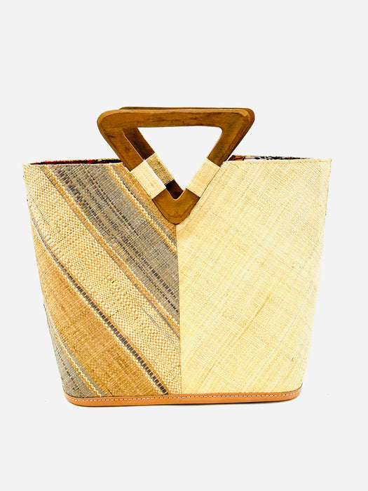 Two Tone Straw Handbag With Wood Triangle Handle