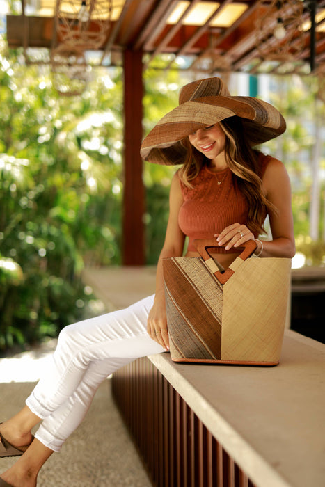 Two Tone Straw Handbag With Wood Triangle Handle