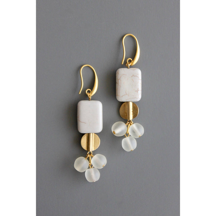 Gray stone, brass, and vintage glass earrings