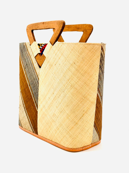 Two Tone Straw Handbag With Wood Triangle Handle