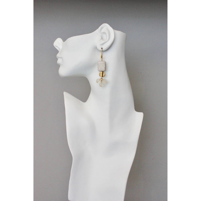 Gray stone, brass, and vintage glass earrings