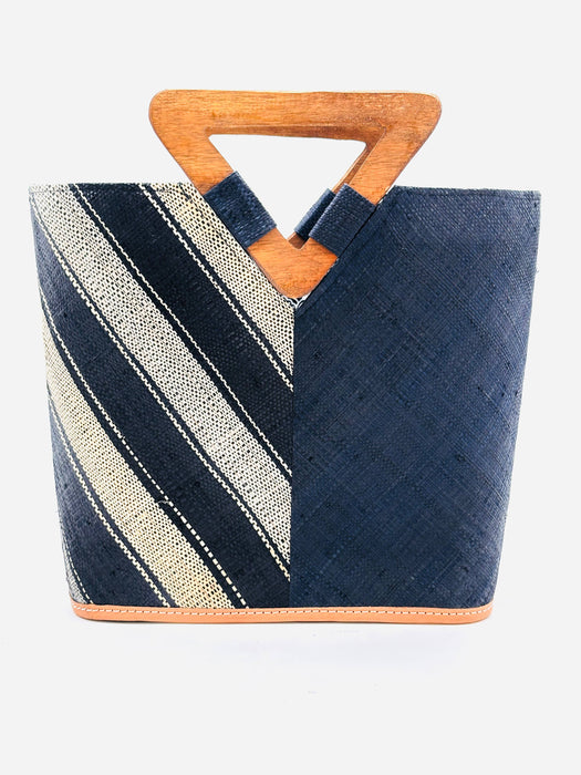 Two Tone Straw Handbag With Wood Triangle Handle