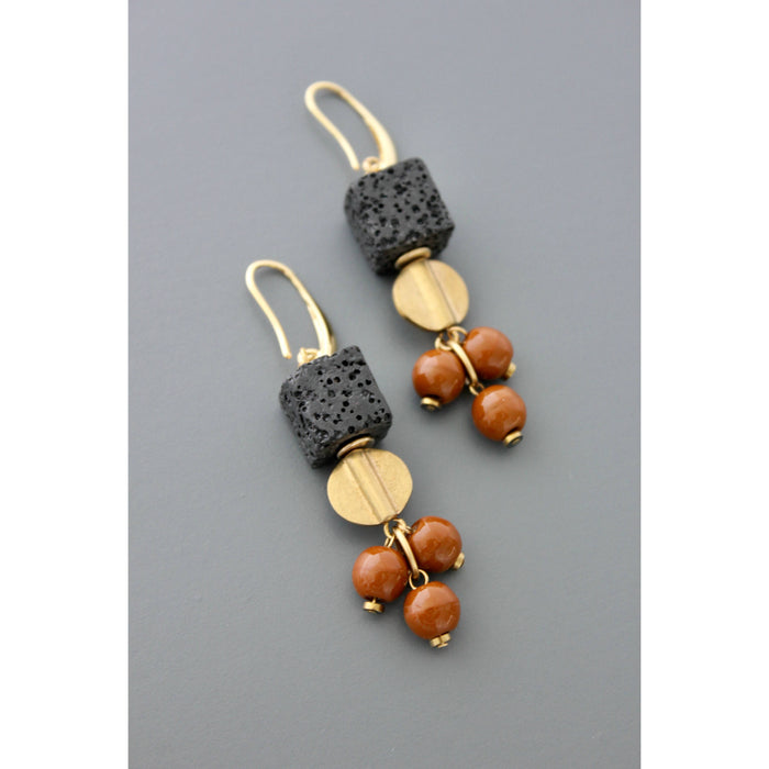 Lava rock and glass brass earrings