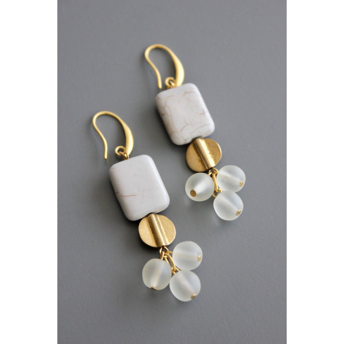 Gray stone, brass, and vintage glass earrings