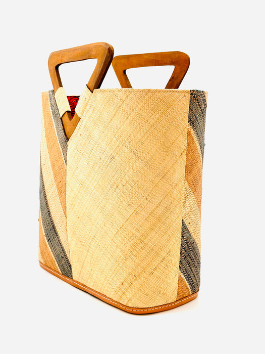 Two Tone Straw Handbag With Wood Triangle Handle