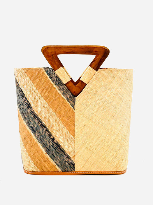 Two Tone Straw Handbag With Wood Triangle Handle