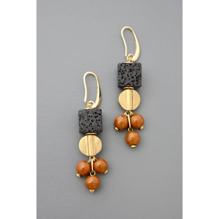 Lava rock and glass brass earrings