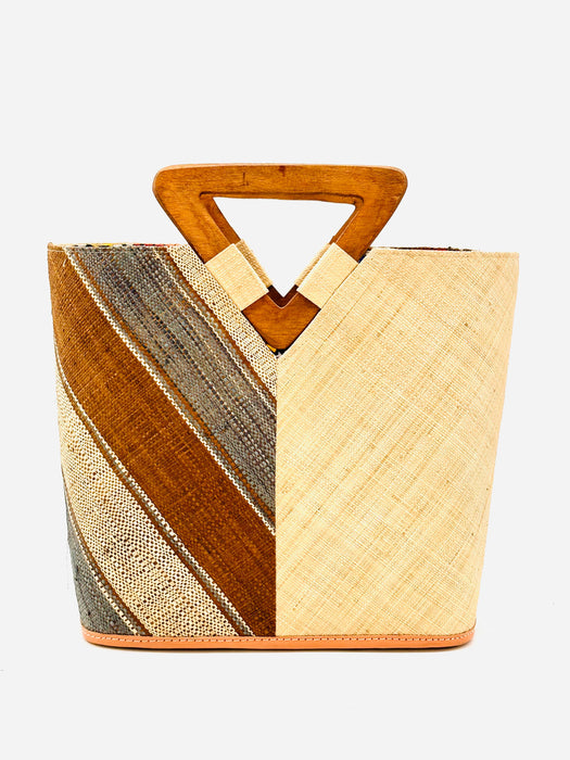 Two Tone Straw Handbag With Wood Triangle Handle